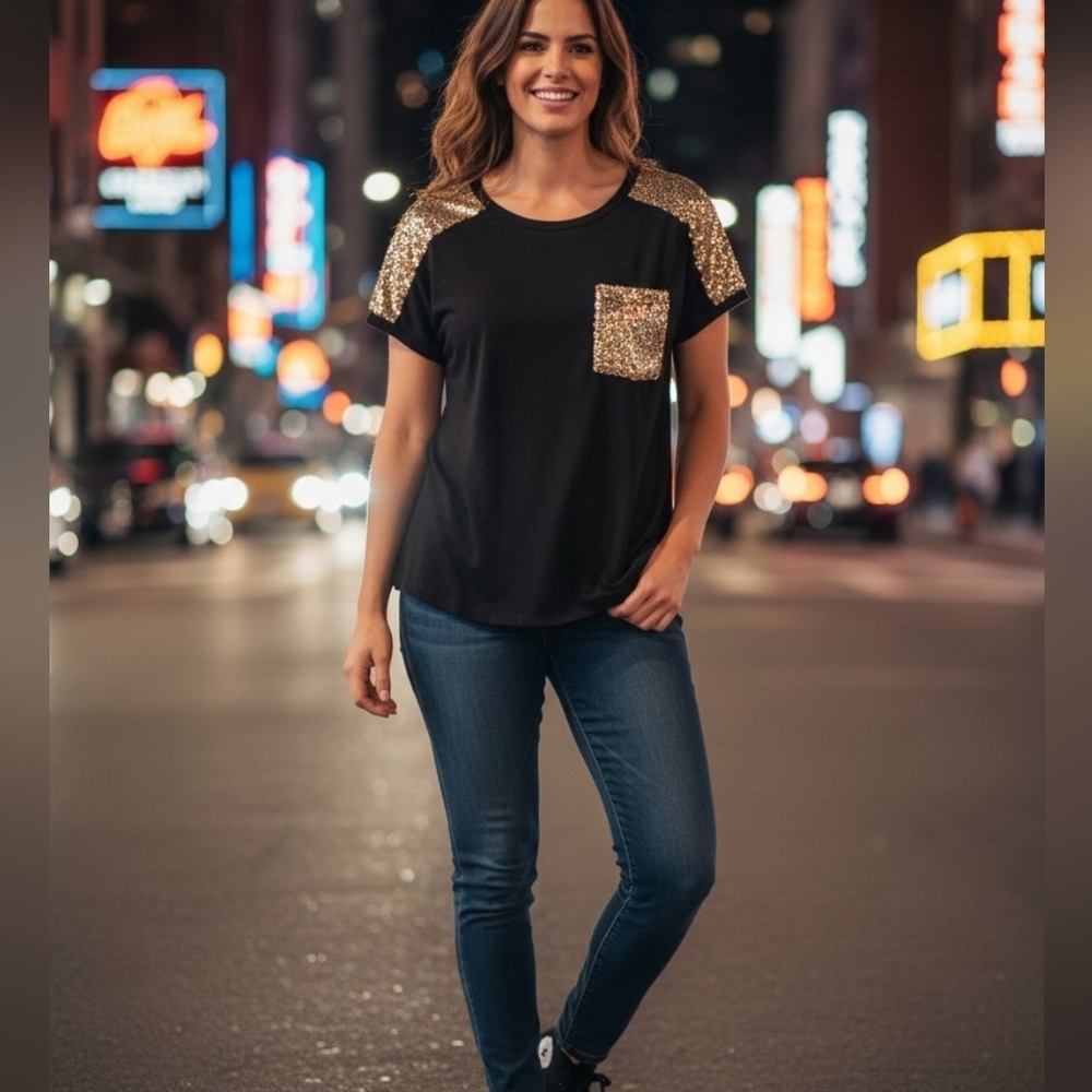 Sweaty Rocks - NWT Cap Sleeve Black Shirt W/ Gold Sequins On Shoulders & Pocket,